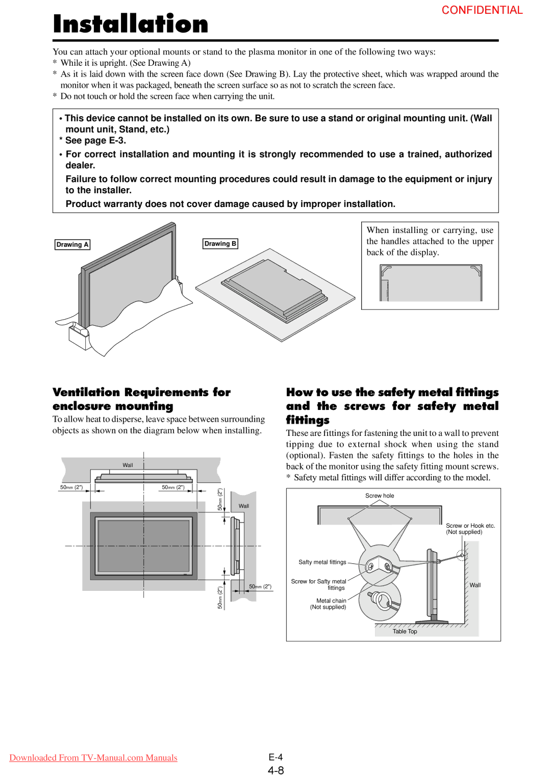 NEC PX-50XM4G user manual Installation, Ventilation Requirements for enclosure mounting 