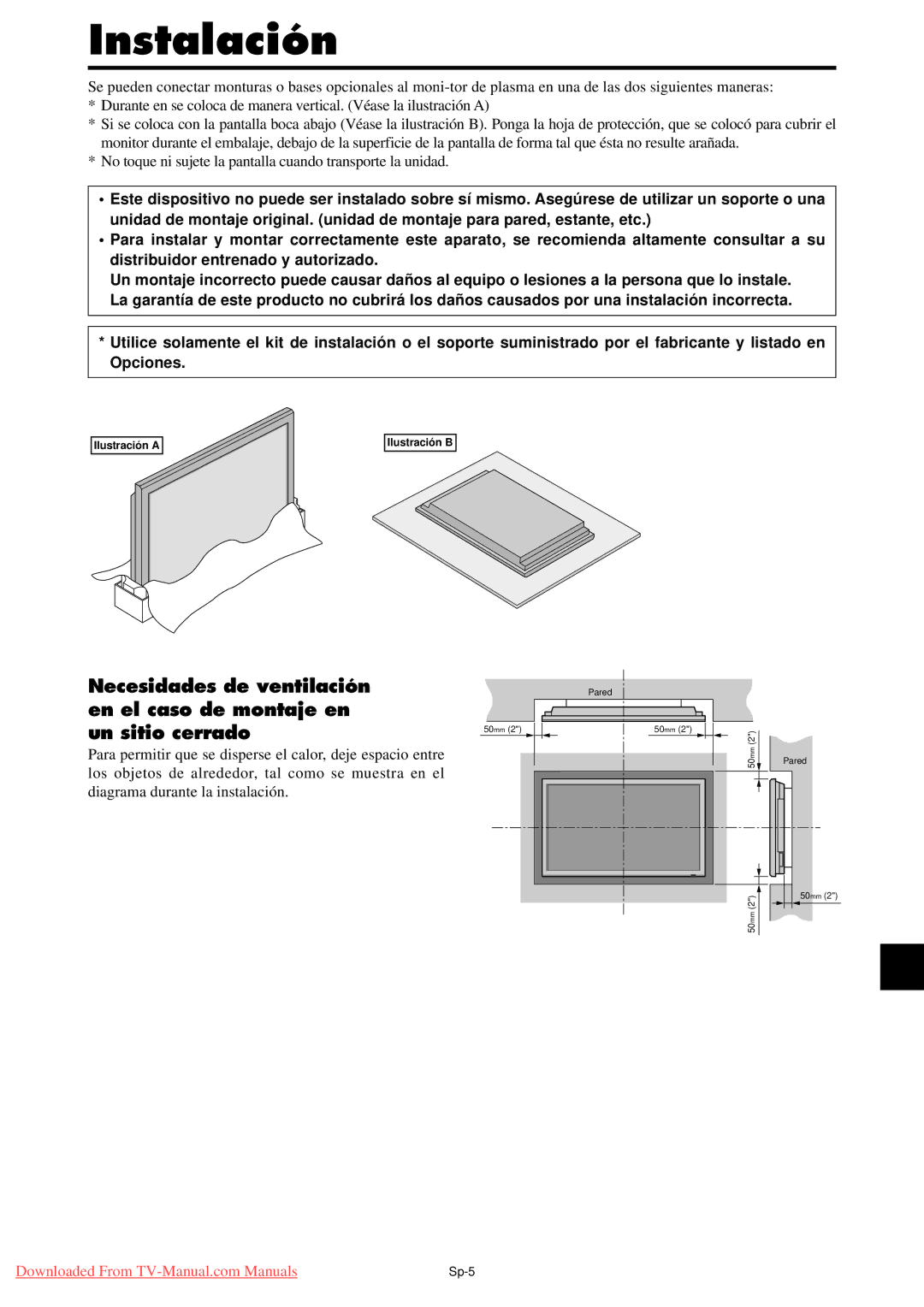 NEC PX-42XM4A, PX-50XM5A, PX-61XM4A Instalación, Necesidades de ventilación en el caso de montaje en, Un sitio cerrado 