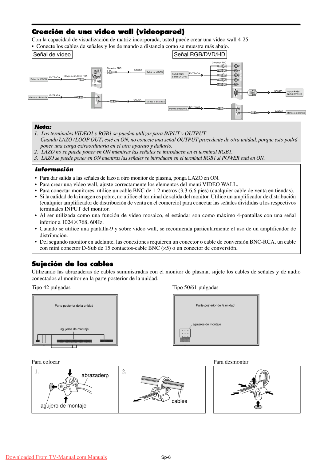 NEC PX-61XM4A Creación de una video wall videopared, Sujeción de los cables, Señal de vídeo Señal RGB/DVD/HD, Abrazaderp 