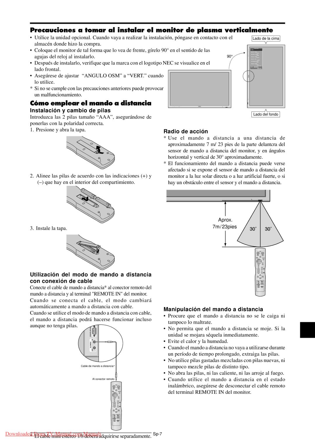 NEC PX-50XM5A, PX-42XM4A, PX-61XM4A Cómo emplear el mando a distancia, Instalació n y cambio de pilas, Radio de acció n 