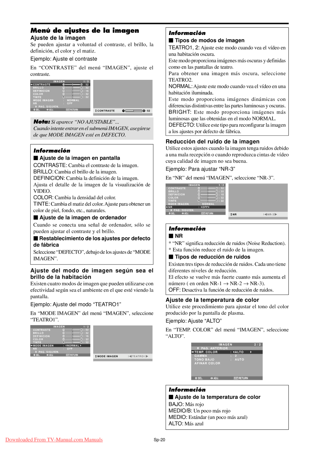 NEC PX-42XM4A, PX-50XM5A, PX-61XM4A Menú de ajustes de la imagen, Ajuste de la imagen, Reducción del ruido de la imagen 