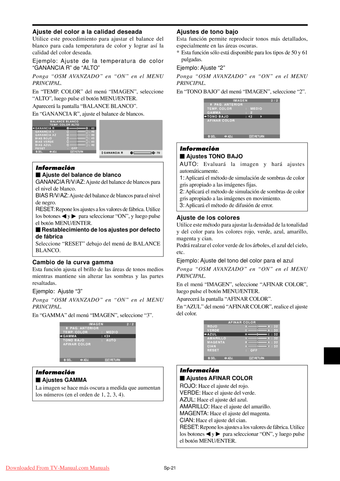 NEC PX-61XM4A Ajuste del color a la calidad deseada, Cambio de la curva gamma, Ajustes de tono bajo, Ajuste de los colores 