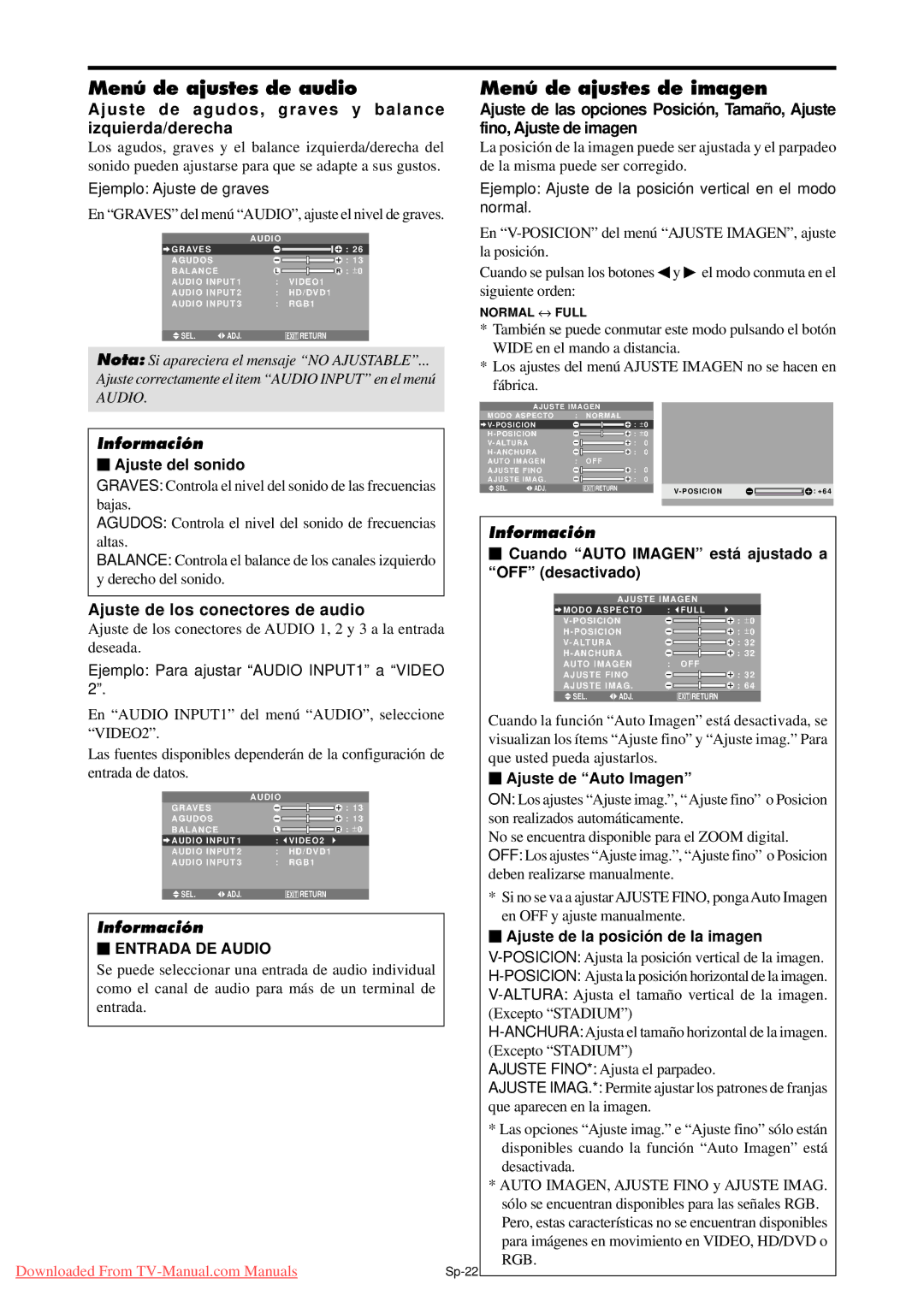 NEC PX-50XM5A Menú de ajustes de audio Menú de ajustes de imagen, Ajuste de los conectores de audio, Entrada DE Audio 