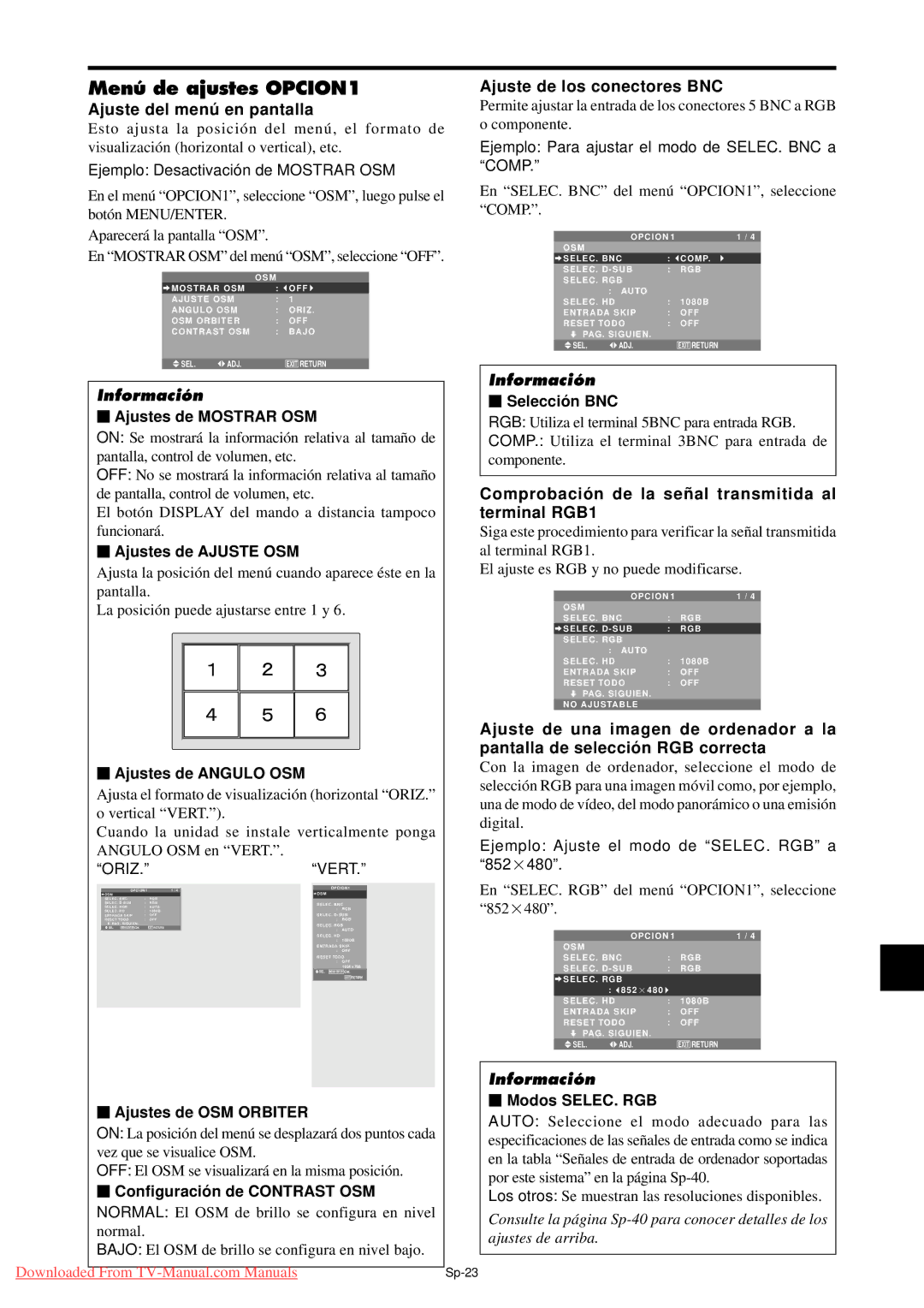 NEC PX-42XM4A, PX-50XM5A, PX-61XM4A Menú de ajustes OPCION1, Ajuste del menú en pantalla, Ajuste de los conectores BNC 