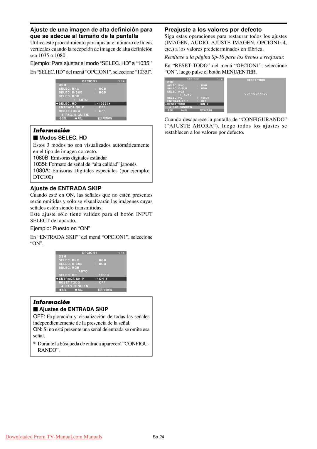 NEC PX-61XM4A Ajuste de Entrada Skip, Preajuste a los valores por defecto, Modos SELEC. HD, Ajustes de Entrada Skip 