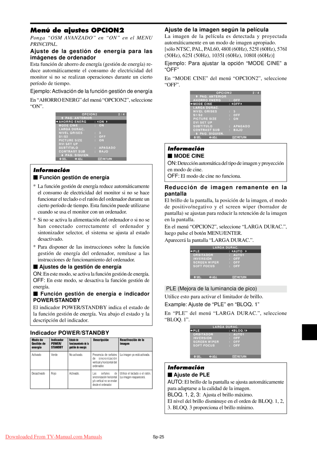 NEC PX-50XM5A, PX-42XM4A Menú de ajustes OPCION2, Indicador POWER/STANDBY, Ajuste de la imagen segú n la película 