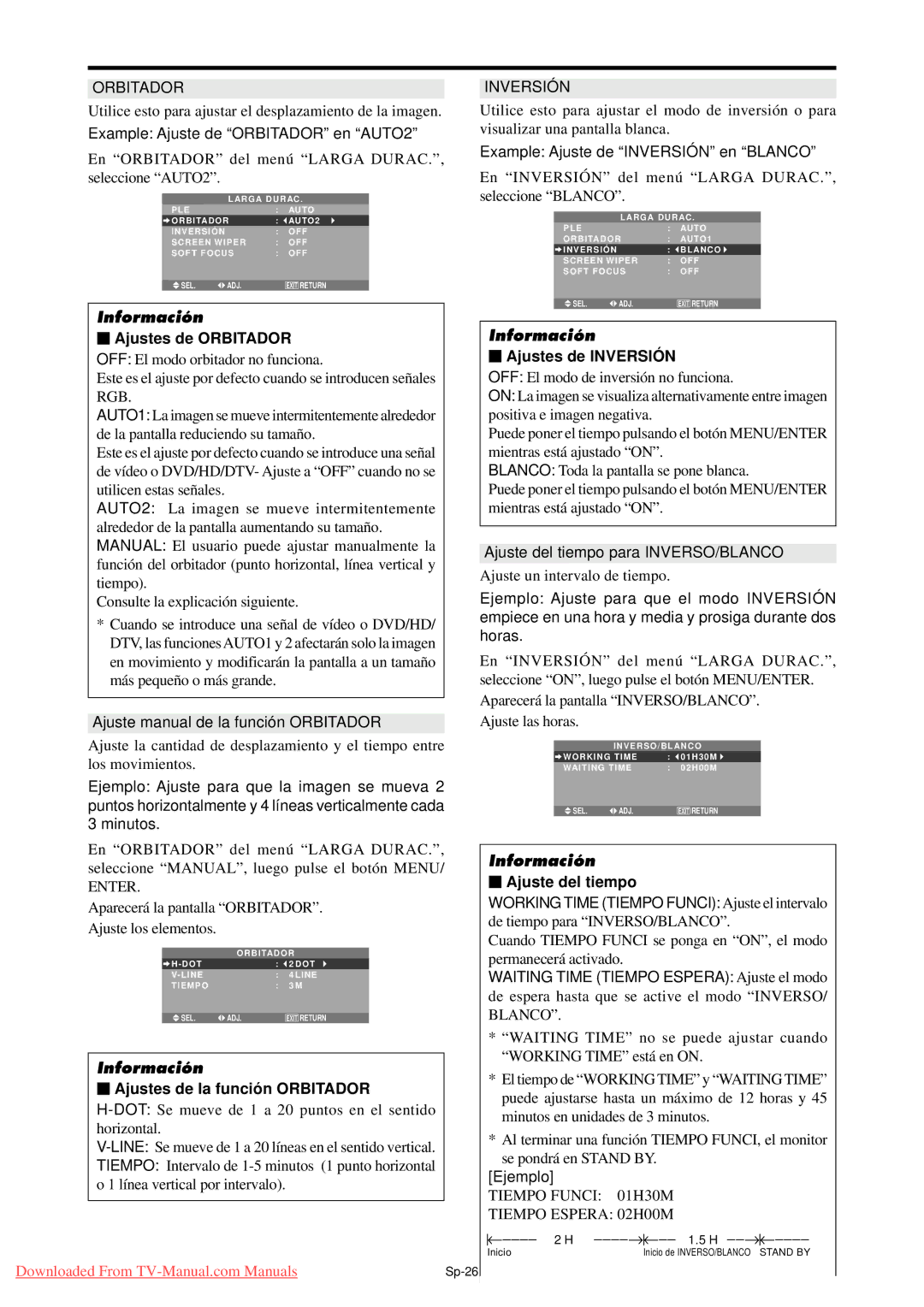 NEC PX-42XM4A, PX-50XM5A, PX-61XM4A Ajustes de Inversió N, Ajustes de la funció n Orbitador, Ajuste del tiempo 