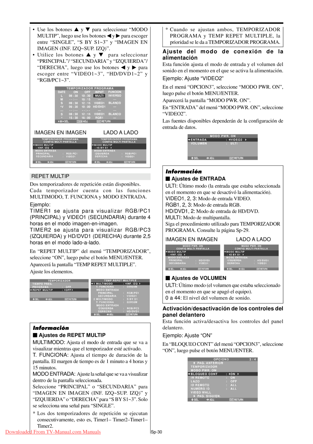 NEC PX-61XM4A, PX-50XM5A Ajuste del modo de conexió n de la alimentació n, Ajustes de Repet Multip, Ajustes de Entrada 