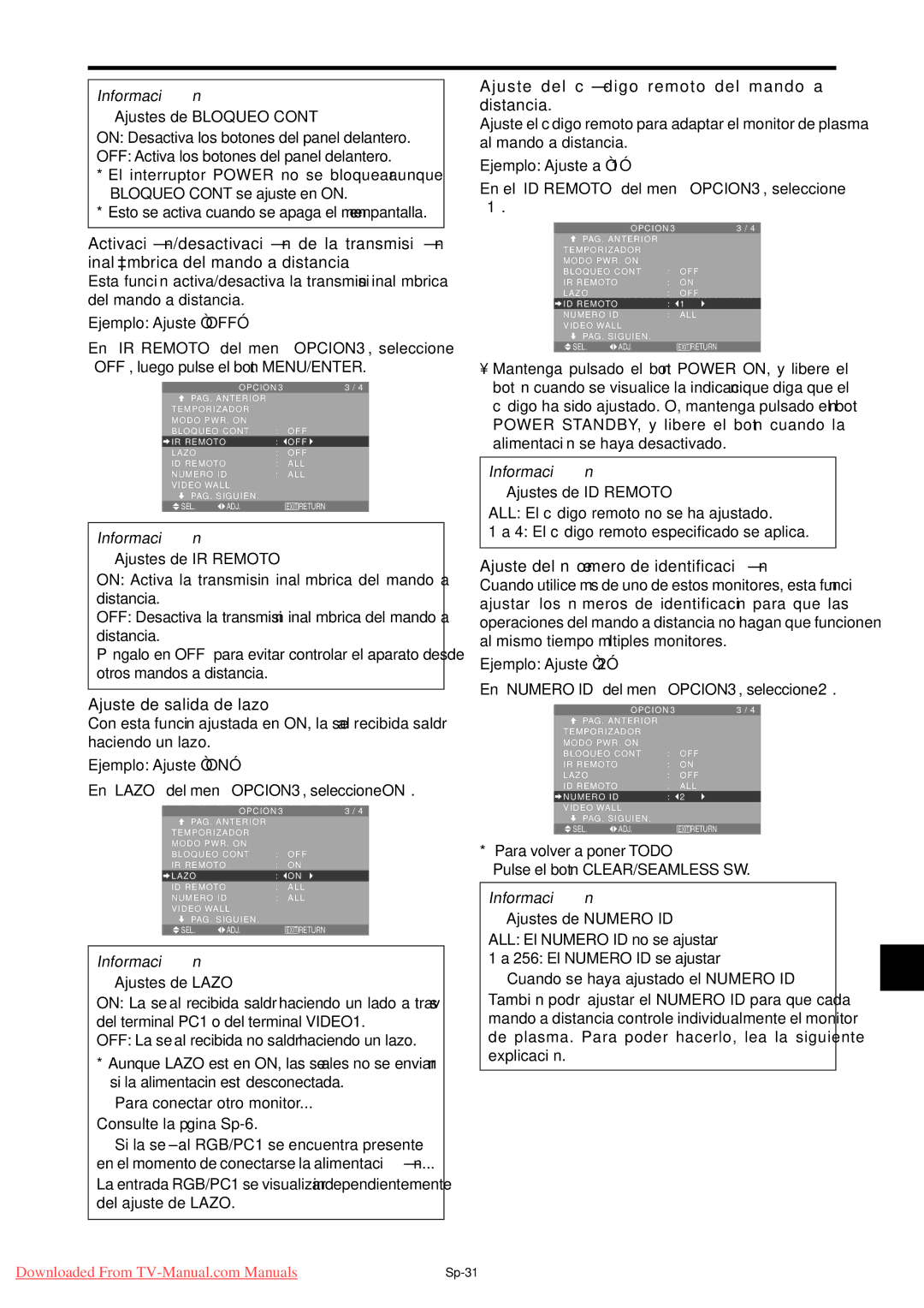 NEC PX-50XM5A, PX-42XM4A, PX-61XM4A user manual Ajuste de salida de lazo, Ajuste del có digo remoto del mando a distancia 