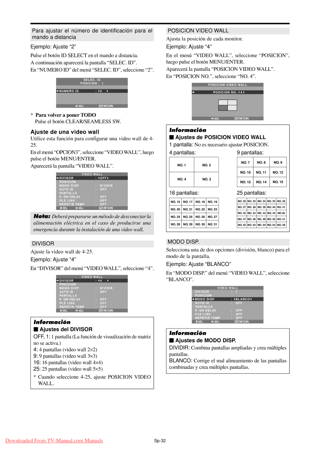 NEC PX-42XM4A, PX-50XM5A, PX-61XM4A Ajuste de una video wall, Ajustes del Divisor, Pantallas, Ajustes de Modo Disp 