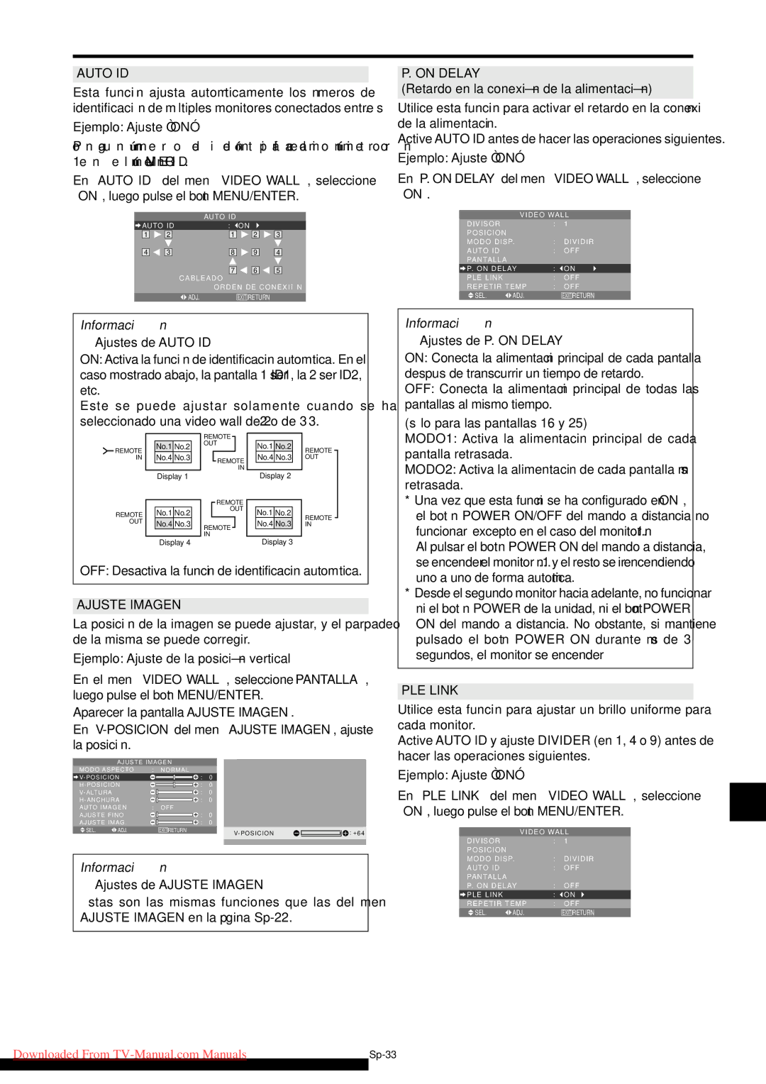 NEC PX-61XM4A, PX-50XM5A, PX-42XM4A Ajustes de Auto ID, On Delay, Ajustes de P. on Delay, Ajustes de Ajuste Imagen 