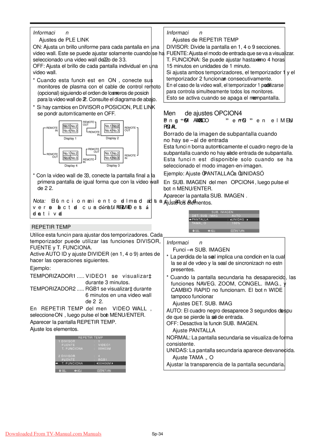 NEC PX-50XM5A, PX-42XM4A, PX-61XM4A user manual Menú de ajustes OPCION4 