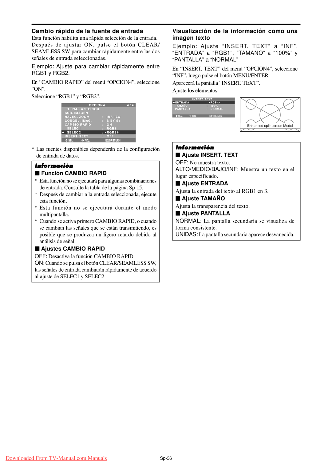 NEC PX-61XM4A, PX-50XM5A Cambio rá pido de la fuente de entrada, Visualizació n de la informació n como una imagen texto 