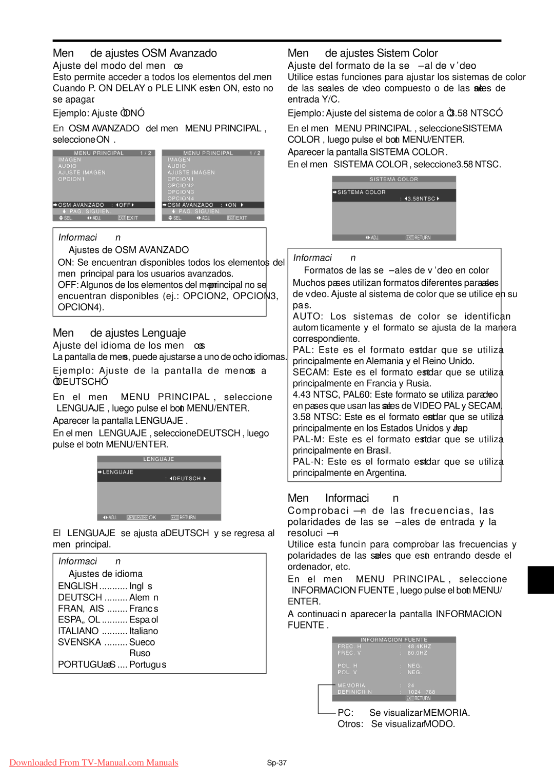 NEC PX-50XM5A Menú de ajustes OSM Avanzado, Menú de ajustes Lenguaje, Menú de ajustes Sistem Color, Menú Información 