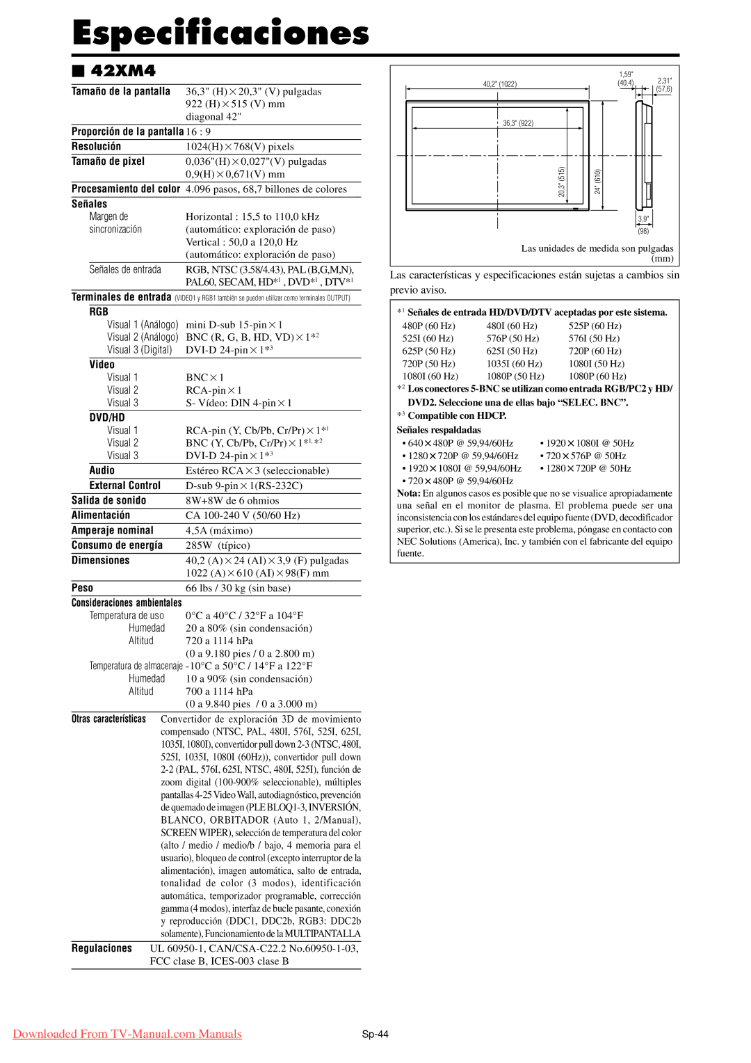 NEC PX-42XM4A, PX-50XM5A, PX-61XM4A user manual Especificaciones, Señales 