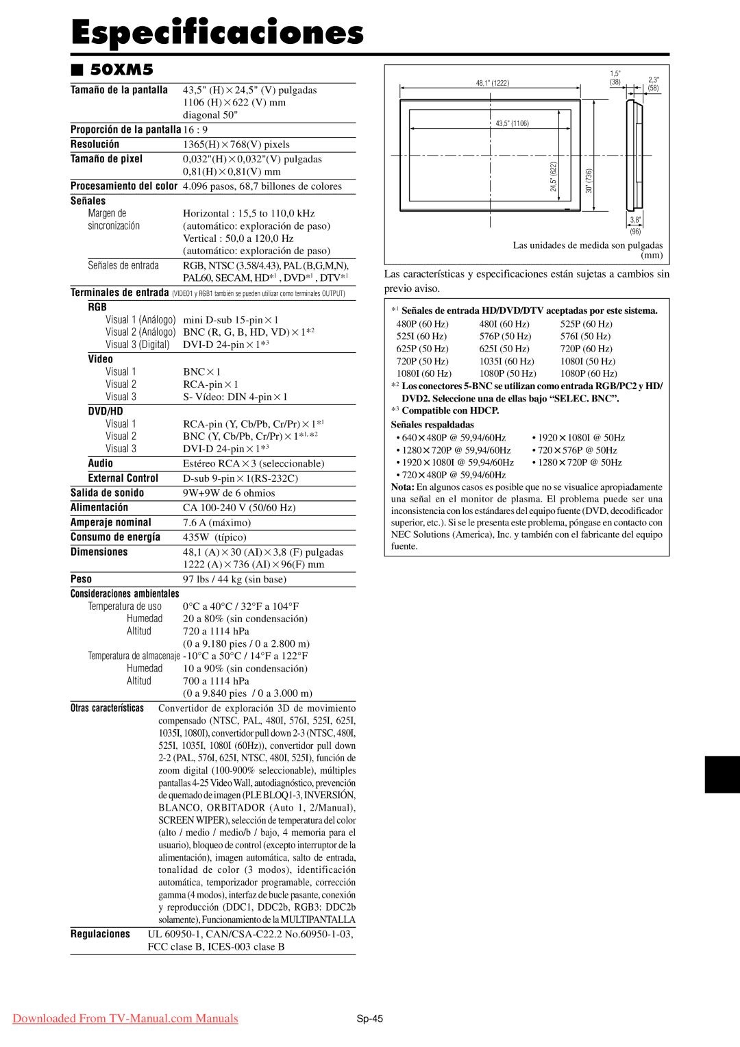 NEC PX-61XM4A, PX-50XM5A, PX-42XM4A user manual Sp-45 