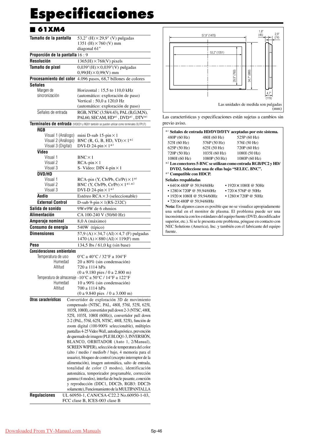 NEC PX-50XM5A, PX-42XM4A, PX-61XM4A user manual Sp-46 