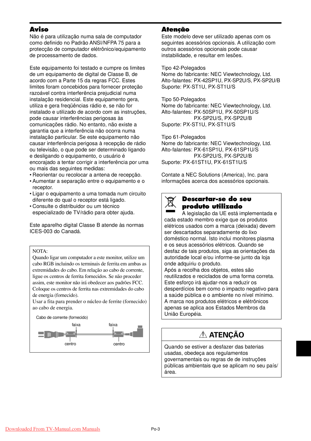 NEC PX-42XM4A, PX-50XM5A, PX-61XM4A user manual Aviso, Atenção, Descartar-se do seu produto utilizado 