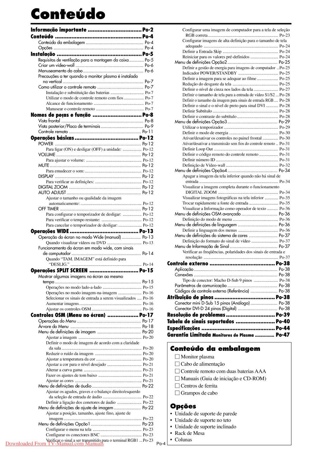 NEC PX-61XM4A, PX-50XM5A, PX-42XM4A user manual Conteúdo da embalagem, Opções 