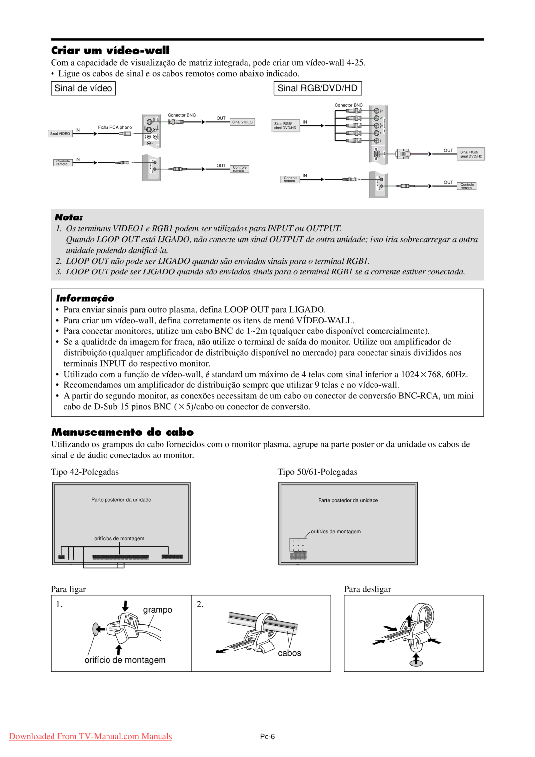 NEC PX-42XM4A Criar um vídeo-wall, Manuseamento do cabo, Sinal de vídeo Sinal RGB/DVD/HD, Para ligar Para desligar 