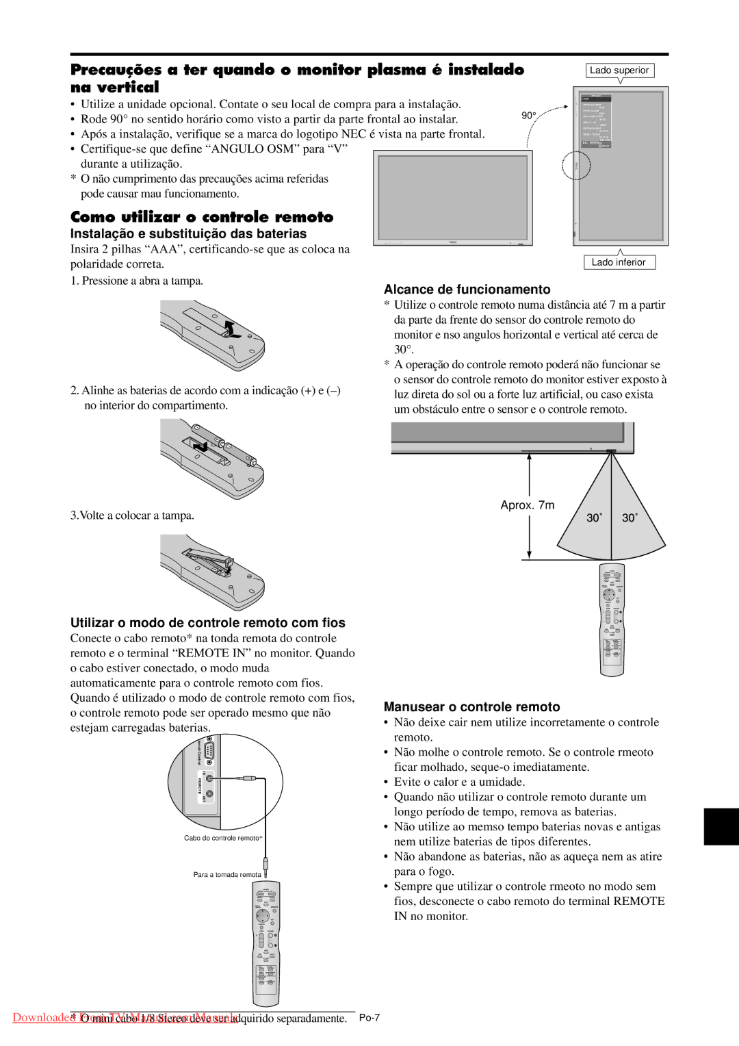 NEC PX-61XM4A Como utilizar o controle remoto, Instalaçã o e substituiçã o das baterias, Alcance de funcionamento 