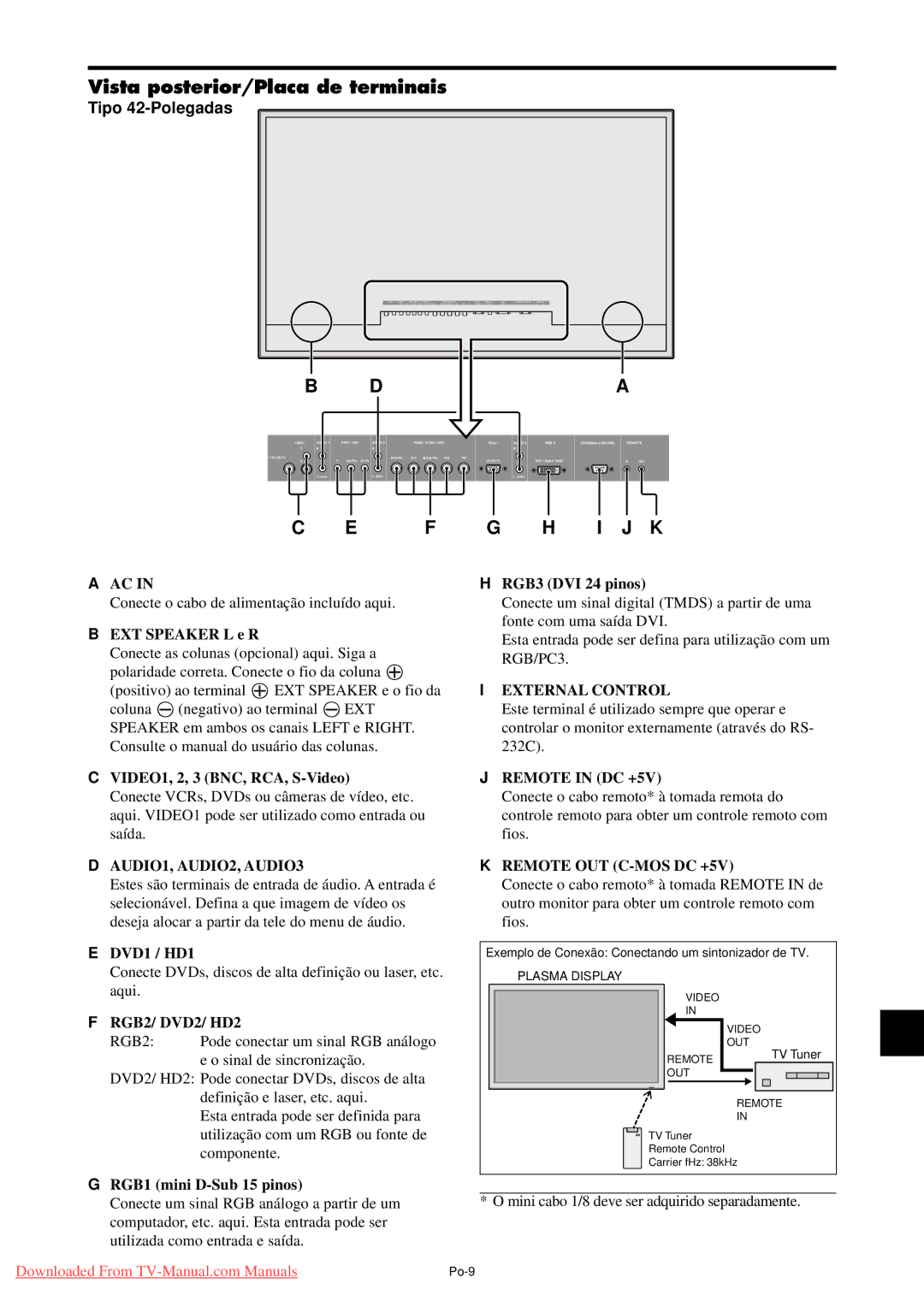 NEC PX-42XM4A, PX-50XM5A Vista posterior/Placa de terminais, Tipo 42-Polegadas, RGB3 DVI 24 pinos, EXT Speaker L e R 