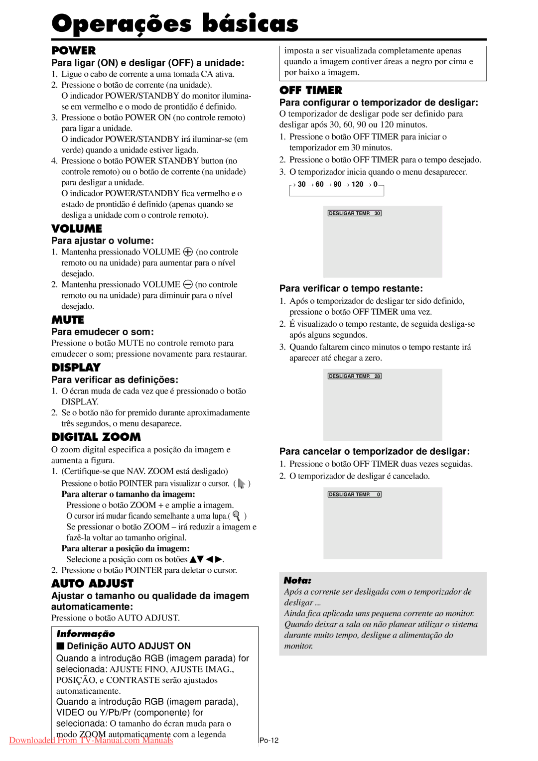 NEC PX-42XM4A, PX-50XM5A, PX-61XM4A user manual Operações básicas 