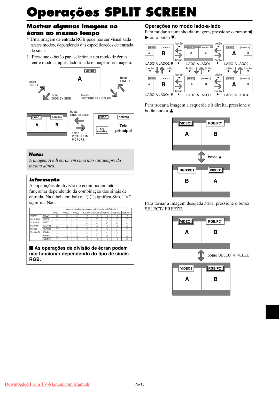 NEC PX-42XM4A Operações Split Screen, Mostrar algumas imagens no écran ao mesmo tempo, Operaçõ es no modo lado-a-lado 