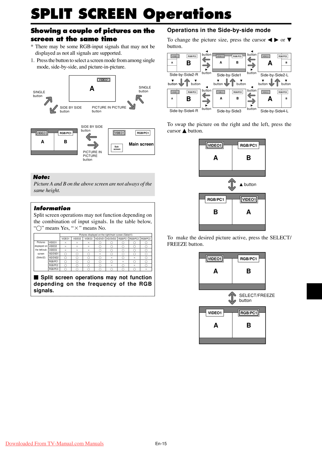 NEC PX-42XM4A, PX-50XM5A, PX-61XM4A Split Screen Operations, Showing a couple of pictures on the screen at the same time 