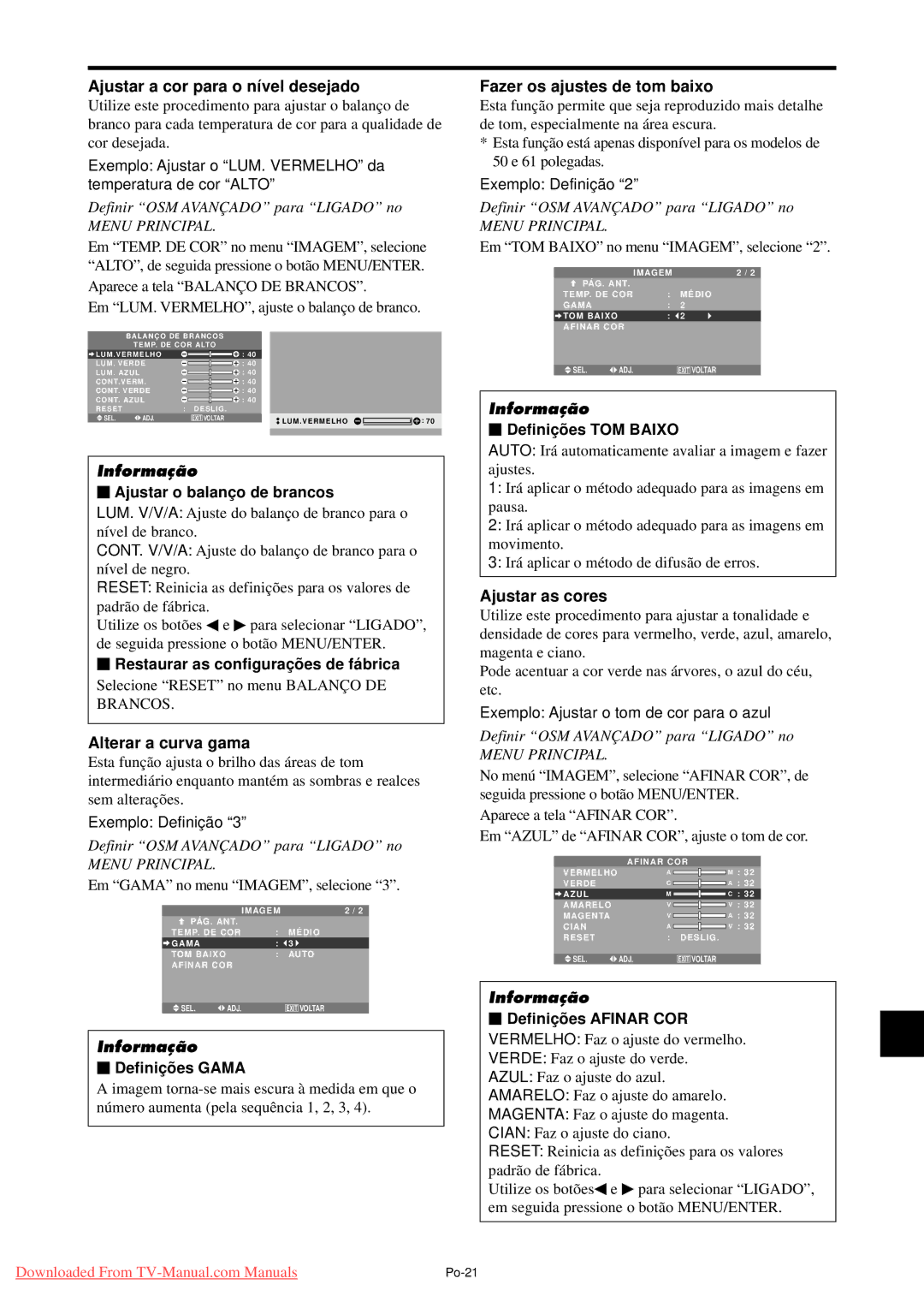 NEC PX-42XM4A Ajustar a cor para o nível desejado, Alterar a curva gama, Fazer os ajustes de tom baixo, Ajustar as cores 