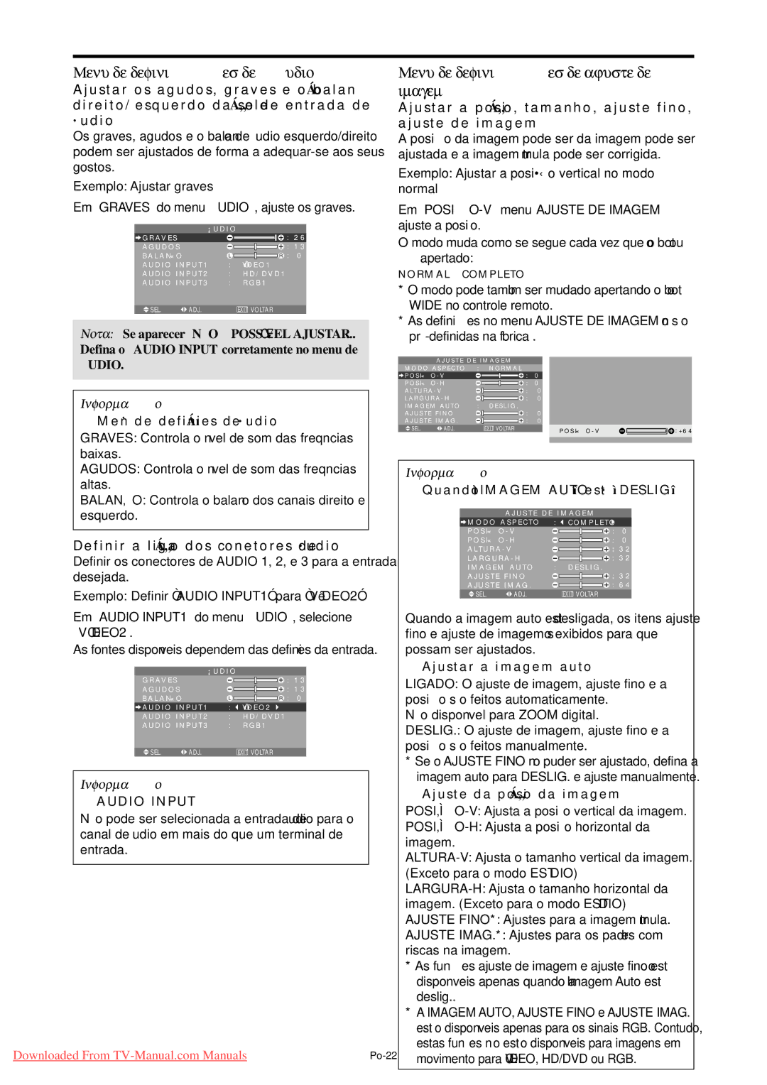 NEC PX-61XM4A, PX-50XM5A, PX-42XM4A Menu de definições de áudio, Menu de definições de ajuste de imagem, Audio Input 