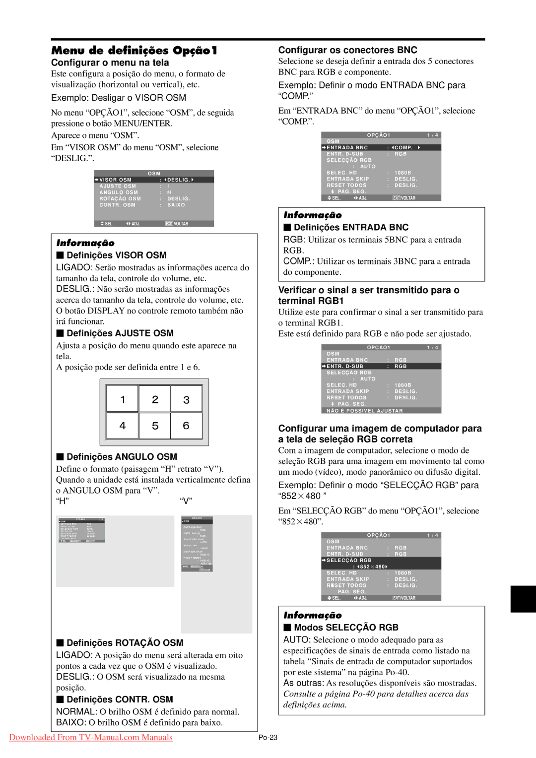 NEC PX-50XM5A, PX-42XM4A, PX-61XM4A Menu de definições Opção1, Configurar o menu na tela, Configurar os conectores BNC 