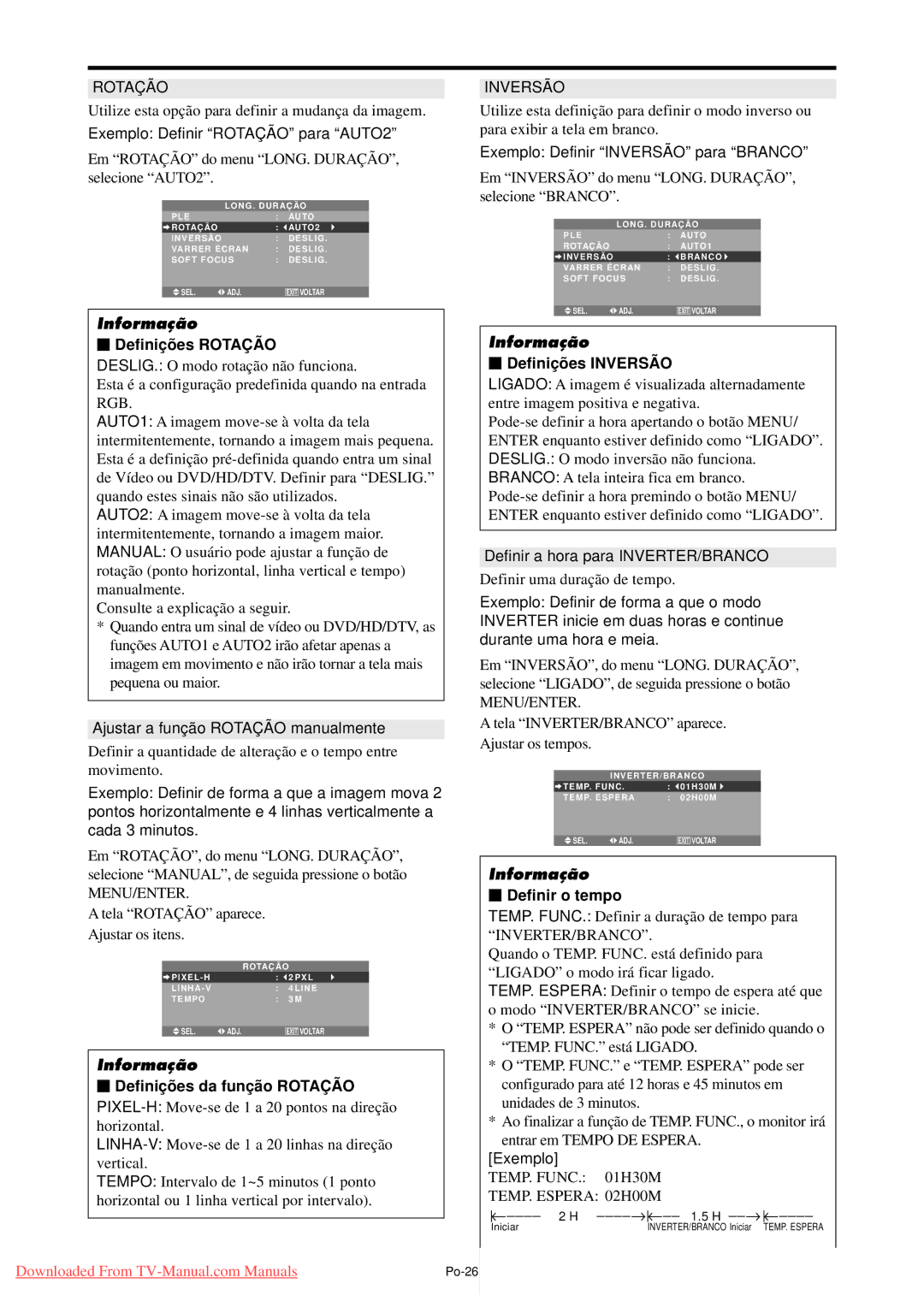 NEC PX-50XM5A, PX-42XM4A, PX-61XM4A user manual Definiçõ es Rotaçã O, Definiçõ es Inversã O, Definir o tempo 