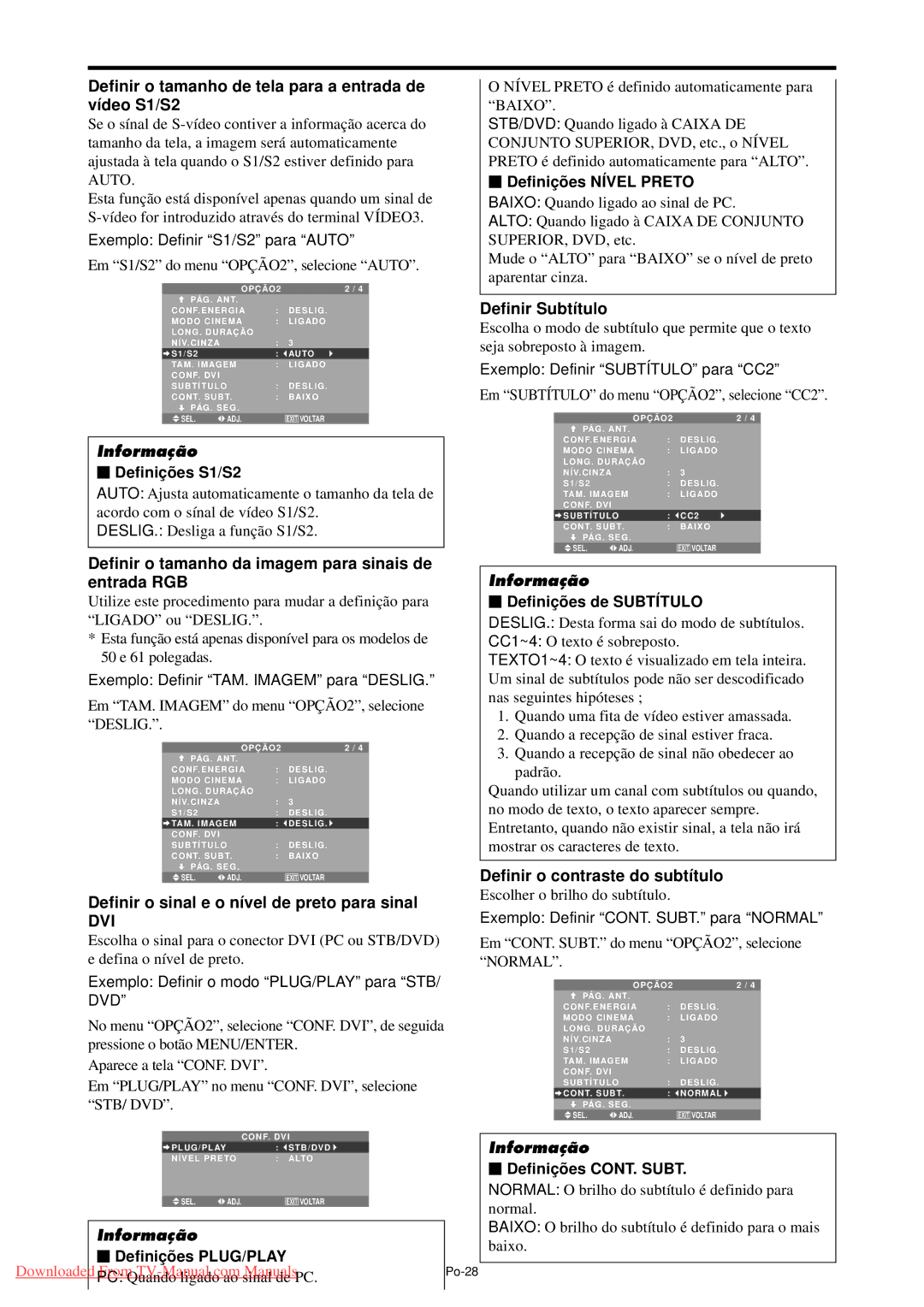 NEC PX-61XM4A Definir o tamanho de tela para a entrada de vídeo S1/S2, Definir Subtítulo, Definir o contraste do subtítulo 