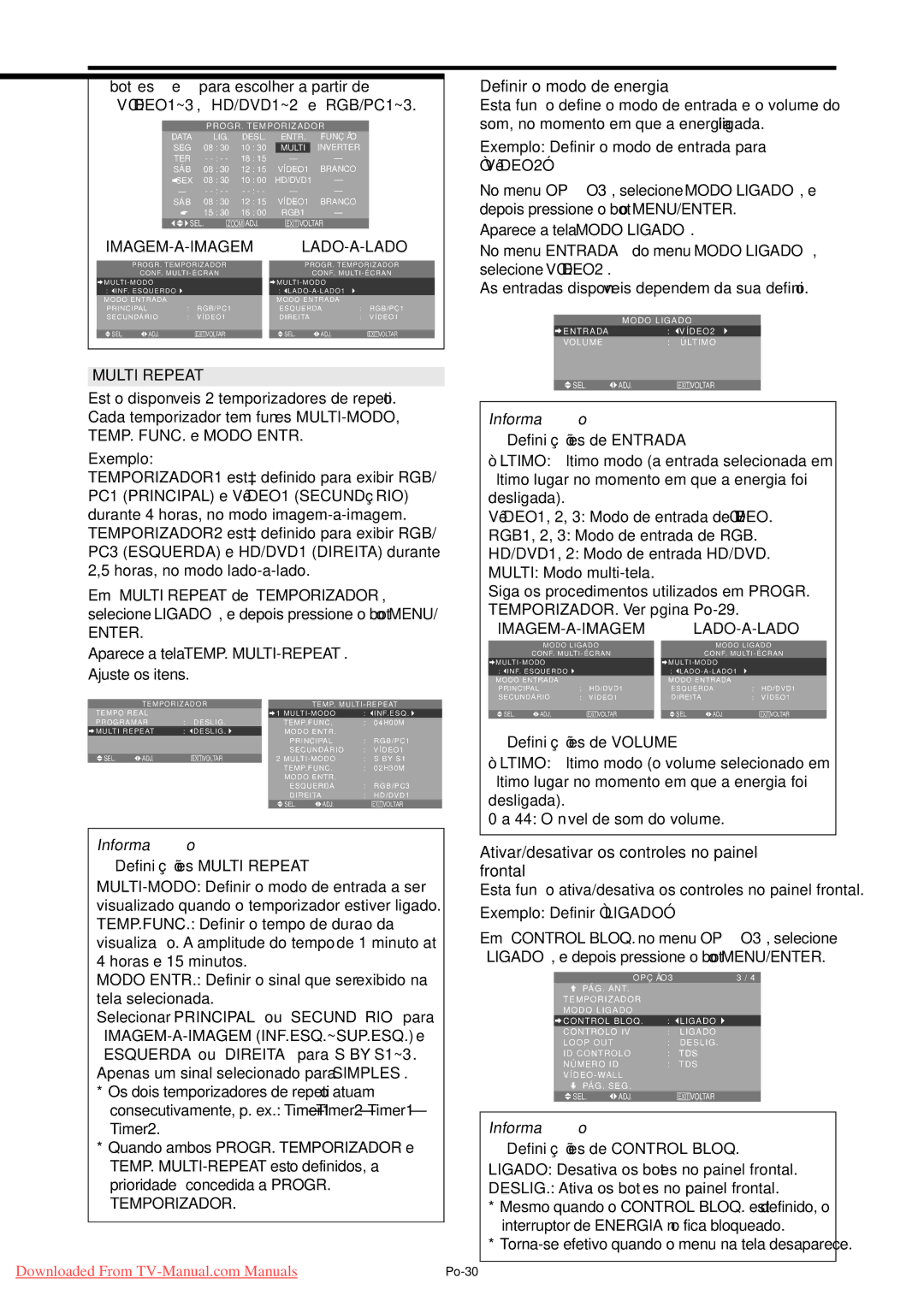 NEC PX-42XM4A Definir o modo de energia, Ativar/desativar os controles no painel frontal, Definiçõ es Multi Repeat 