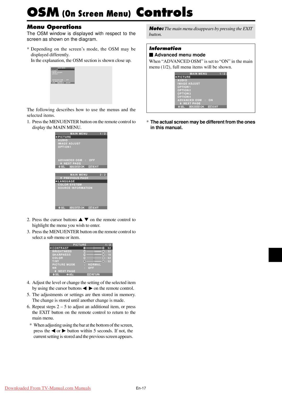 NEC PX-50XM5A Menu Operations,  Advanced menu mode, Actual screen may be different from the ones in this manual 