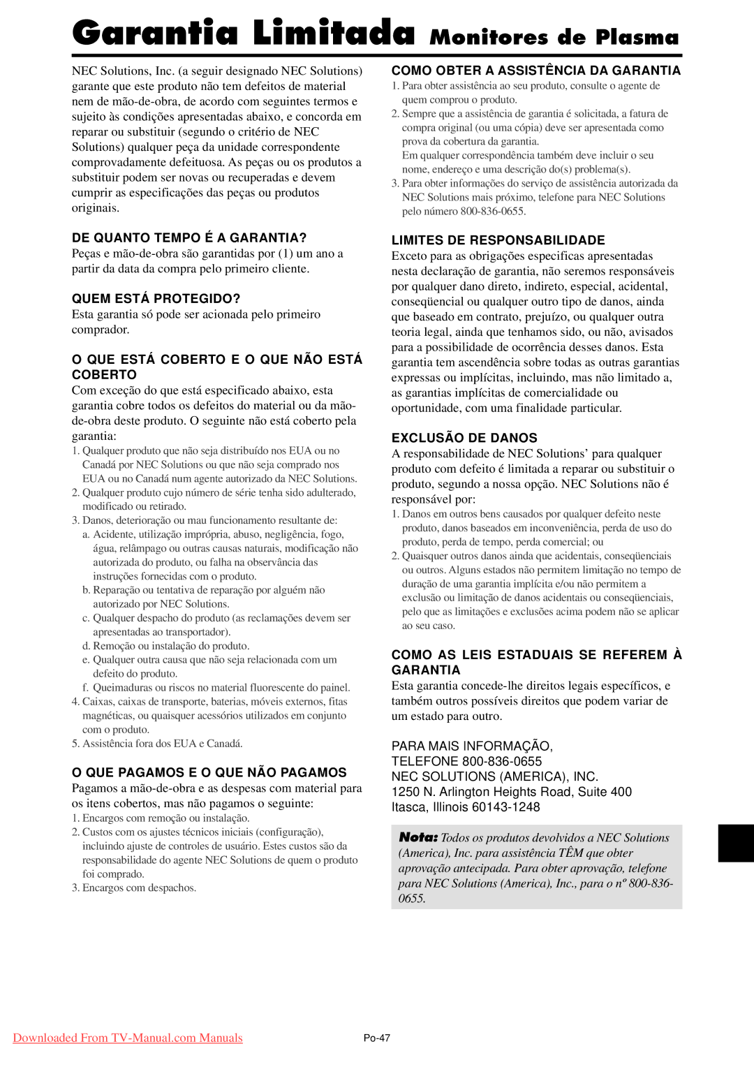NEC PX-50XM5A, PX-42XM4A DE Quanto Tempo É a GARANTIA?, Quem Está PROTEGIDO?, QUE Está Coberto E O QUE NÃO Está Coberto 