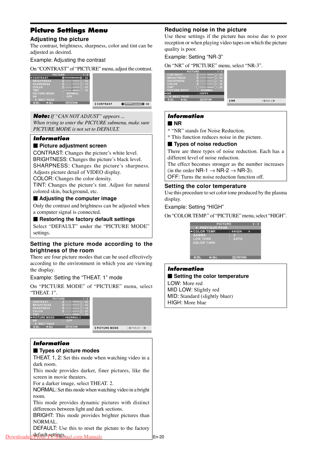 NEC PX-50XM5A Picture Settings Menu, Adjusting the picture, Reducing noise in the picture, Setting the color temperature 