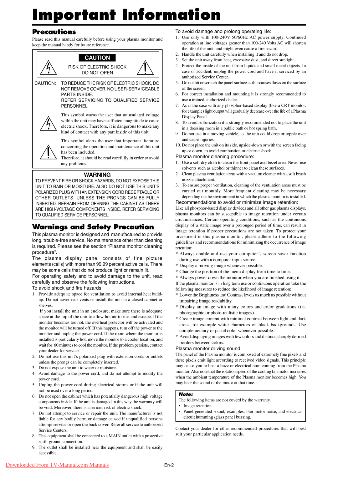 NEC PX-50XM5A, PX-42XM4A, PX-61XM4A user manual Important Information, Precautions 