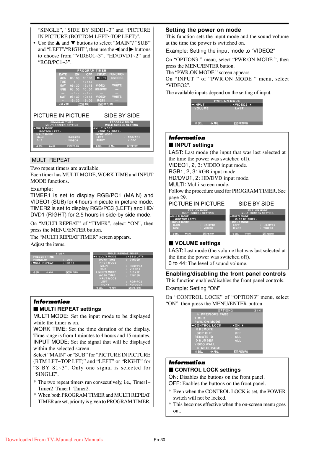 NEC PX-42XM4A, PX-50XM5A, PX-61XM4A user manual Setting the power on mode, Enabling/disabling the front panel controls 