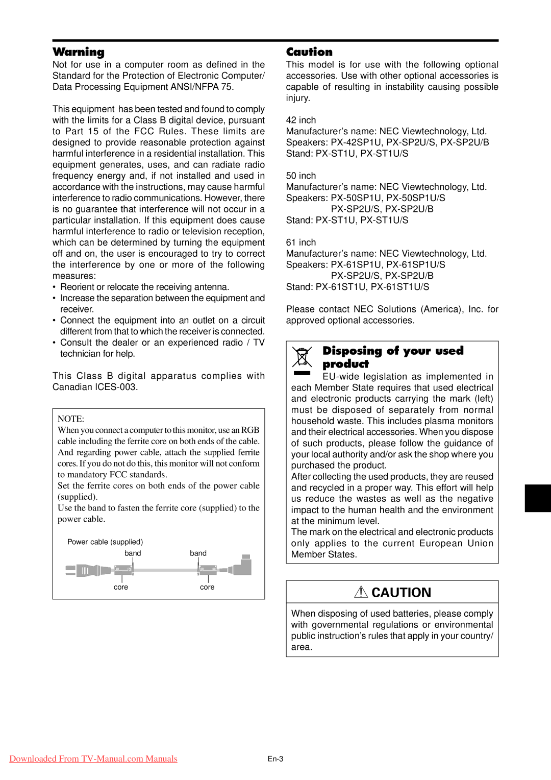 NEC PX-42XM4A, PX-50XM5A, PX-61XM4A user manual Disposing of your used product 