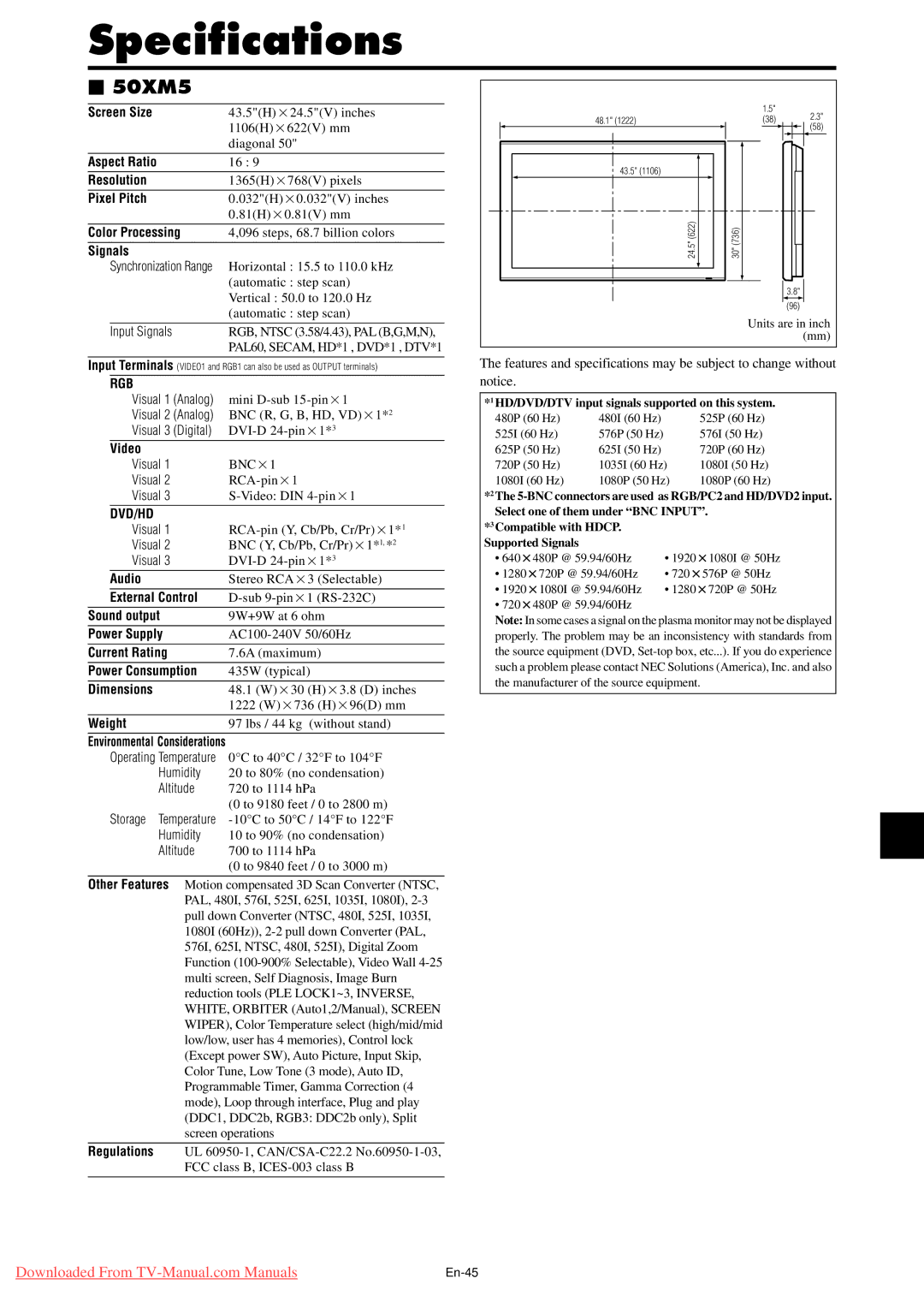 NEC PX-42XM4A, PX-50XM5A, PX-61XM4A user manual 