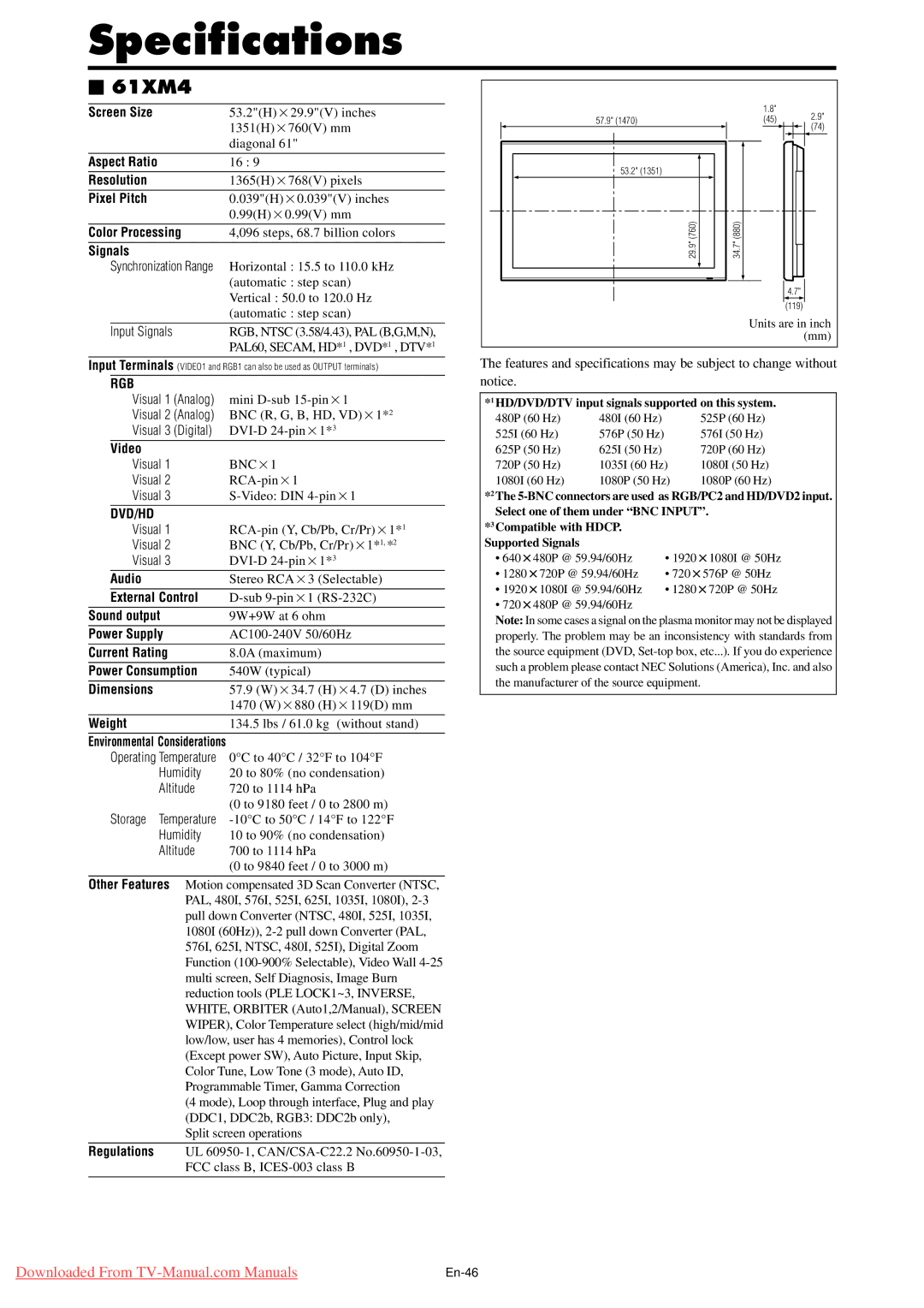 NEC PX-61XM4A, PX-50XM5A, PX-42XM4A user manual 