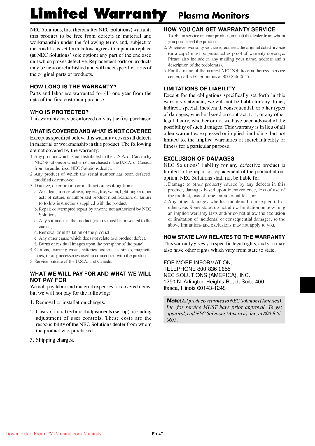 NEC PX-50XM5A, PX-42XM4A, PX-61XM4A user manual Limited Warranty Plasma Monitors 
