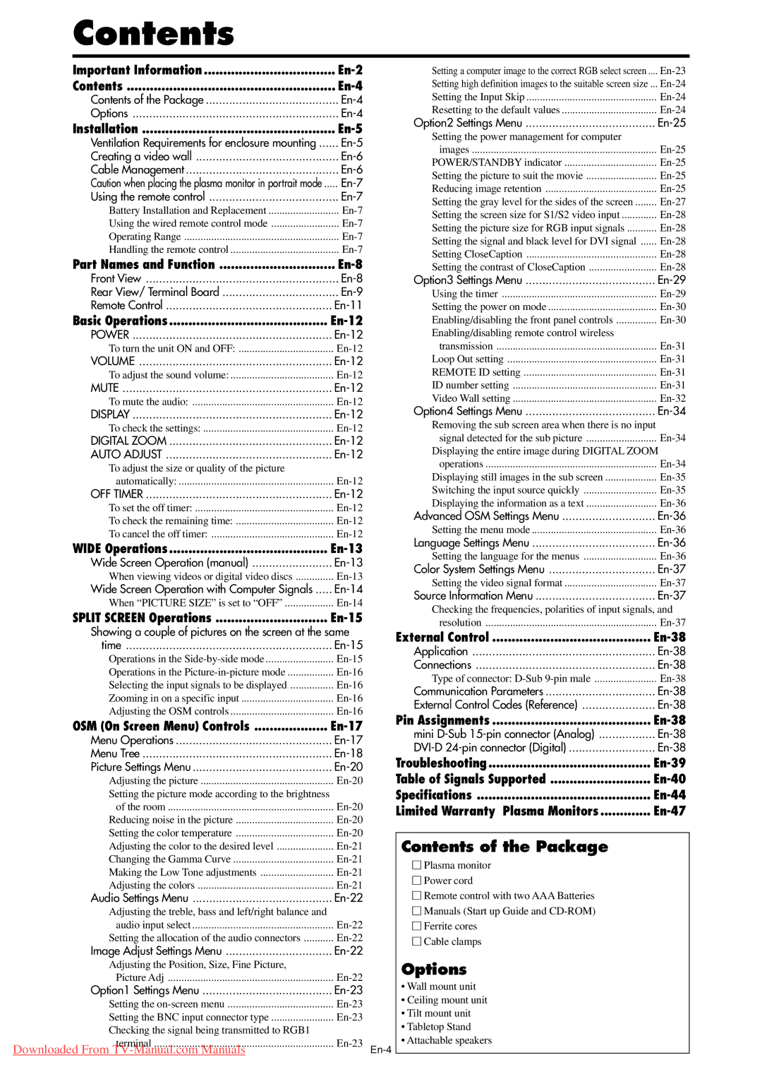 NEC PX-61XM4A, PX-50XM5A, PX-42XM4A user manual Contents 