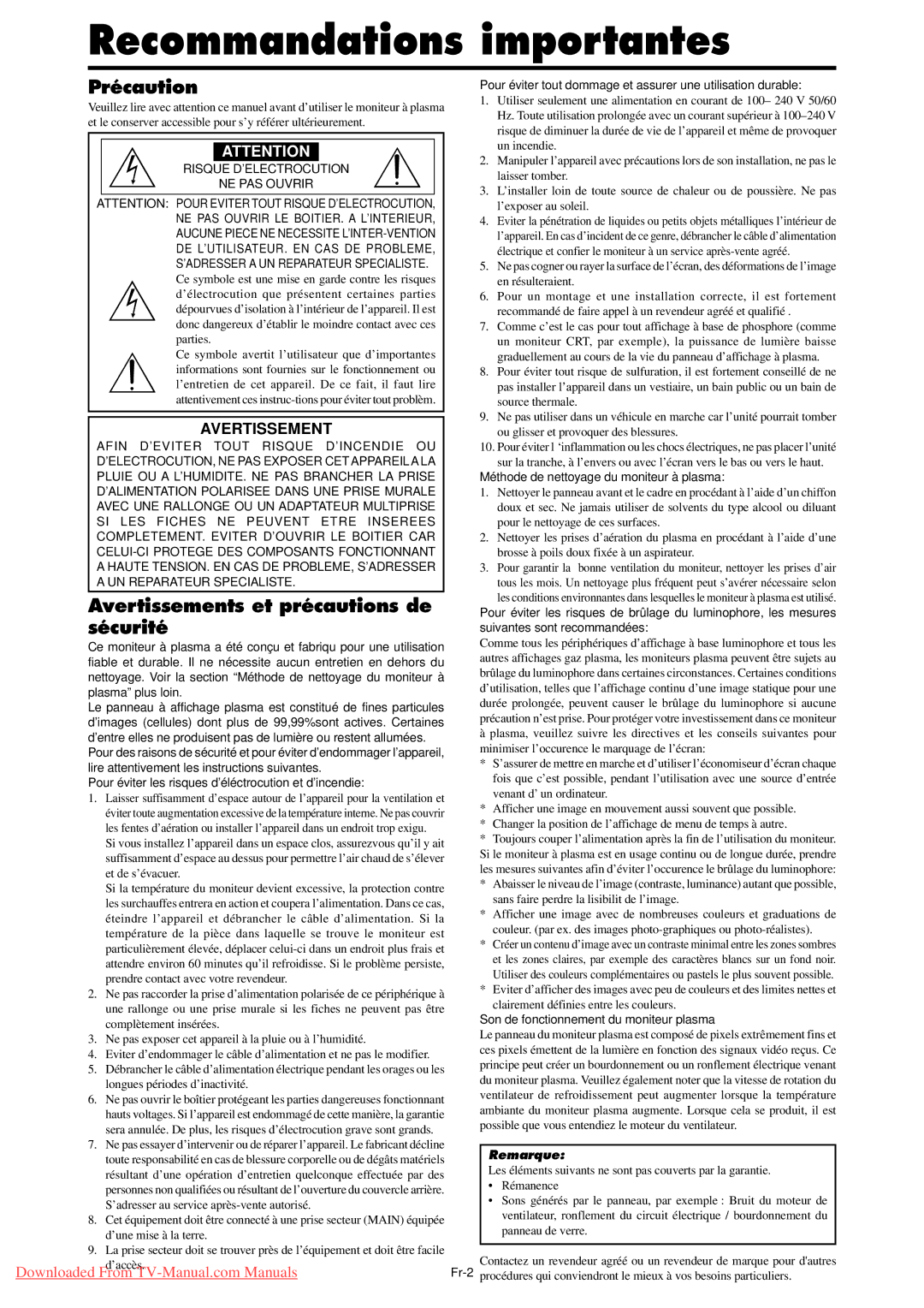 NEC PX-61XM4A, PX-50XM5A, PX-42XM4A Recommandations importantes, Précaution, Avertissements et précautions de sécurité 