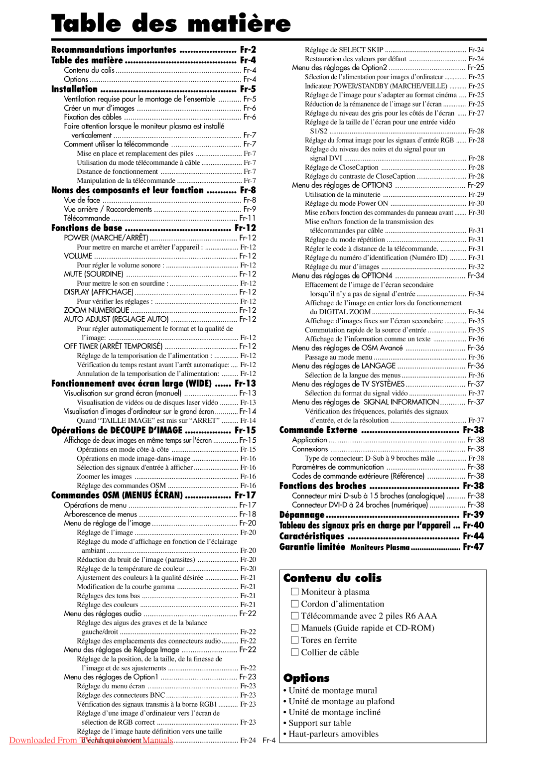 NEC PX-42XM4A, PX-50XM5A, PX-61XM4A user manual Table des matière, Contenu du colis 