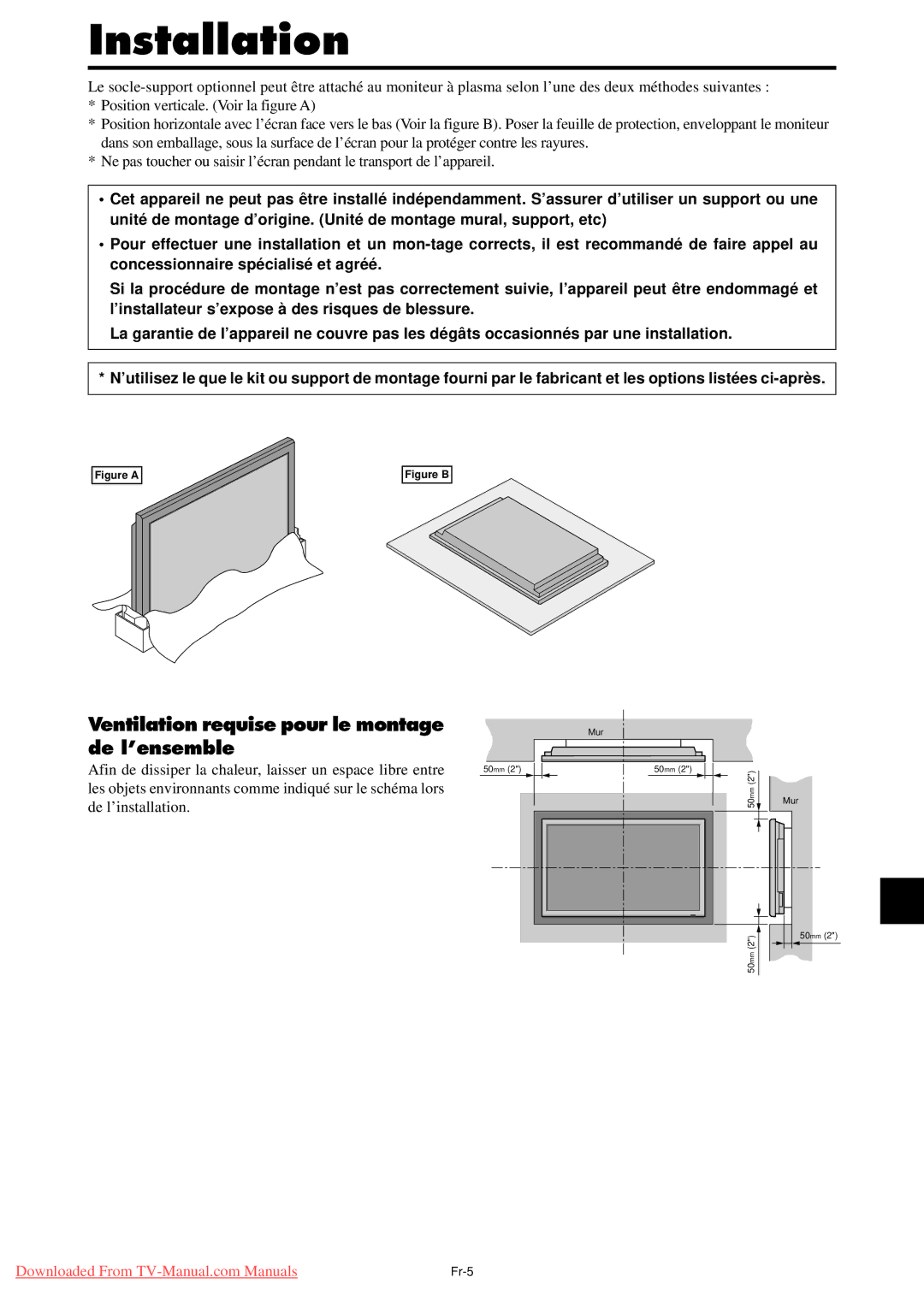 NEC PX-61XM4A, PX-50XM5A, PX-42XM4A user manual Ventilation requise pour le montage de l’ensemble 