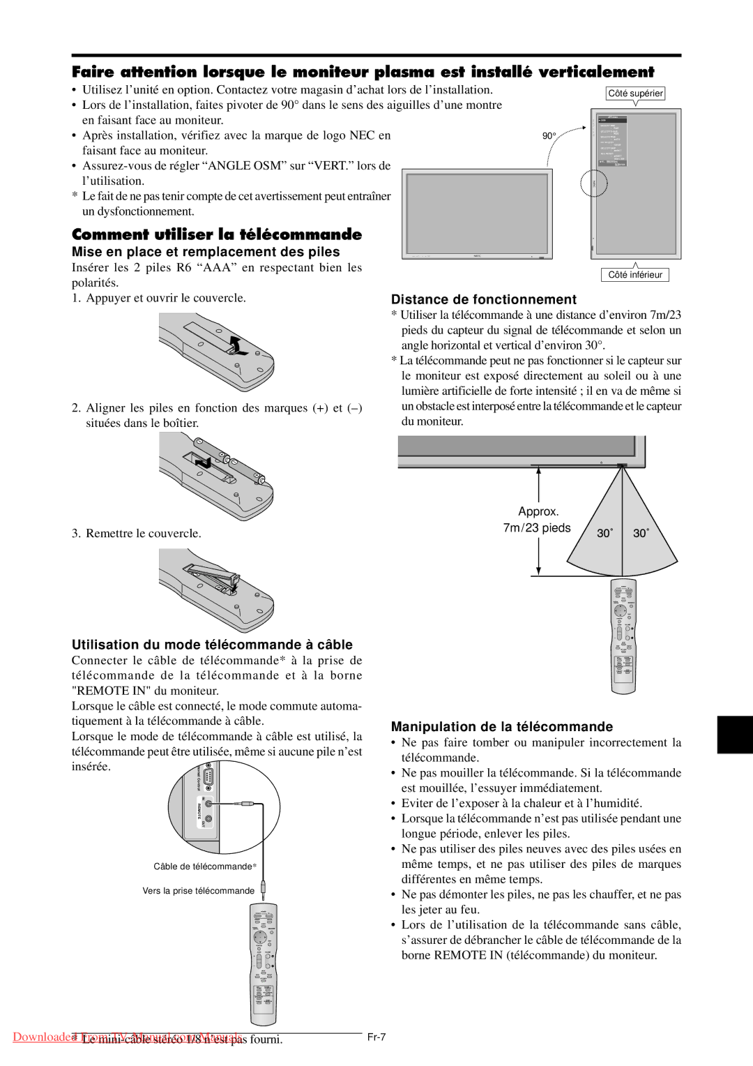 NEC PX-42XM4A Comment utiliser la télécommande, Mise en place et remplacement des piles, Manipulation de la té lé commande 