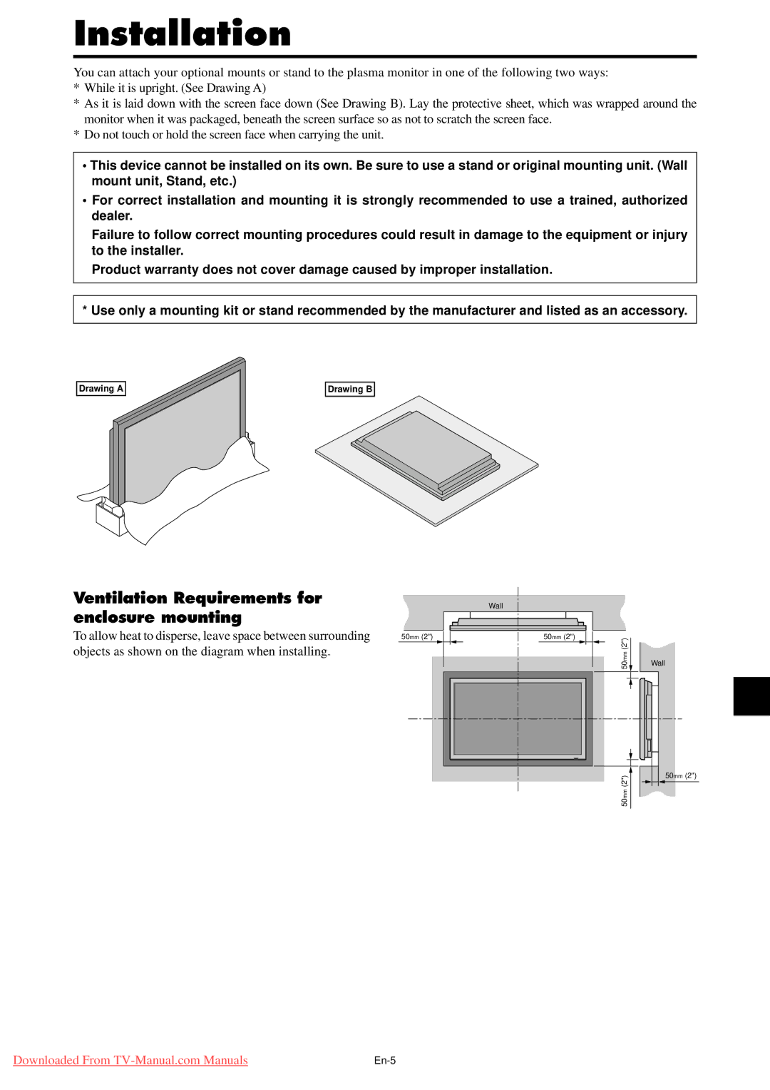 NEC PX-50XM5A, PX-42XM4A, PX-61XM4A user manual Installation, Ventilation Requirements for enclosure mounting 